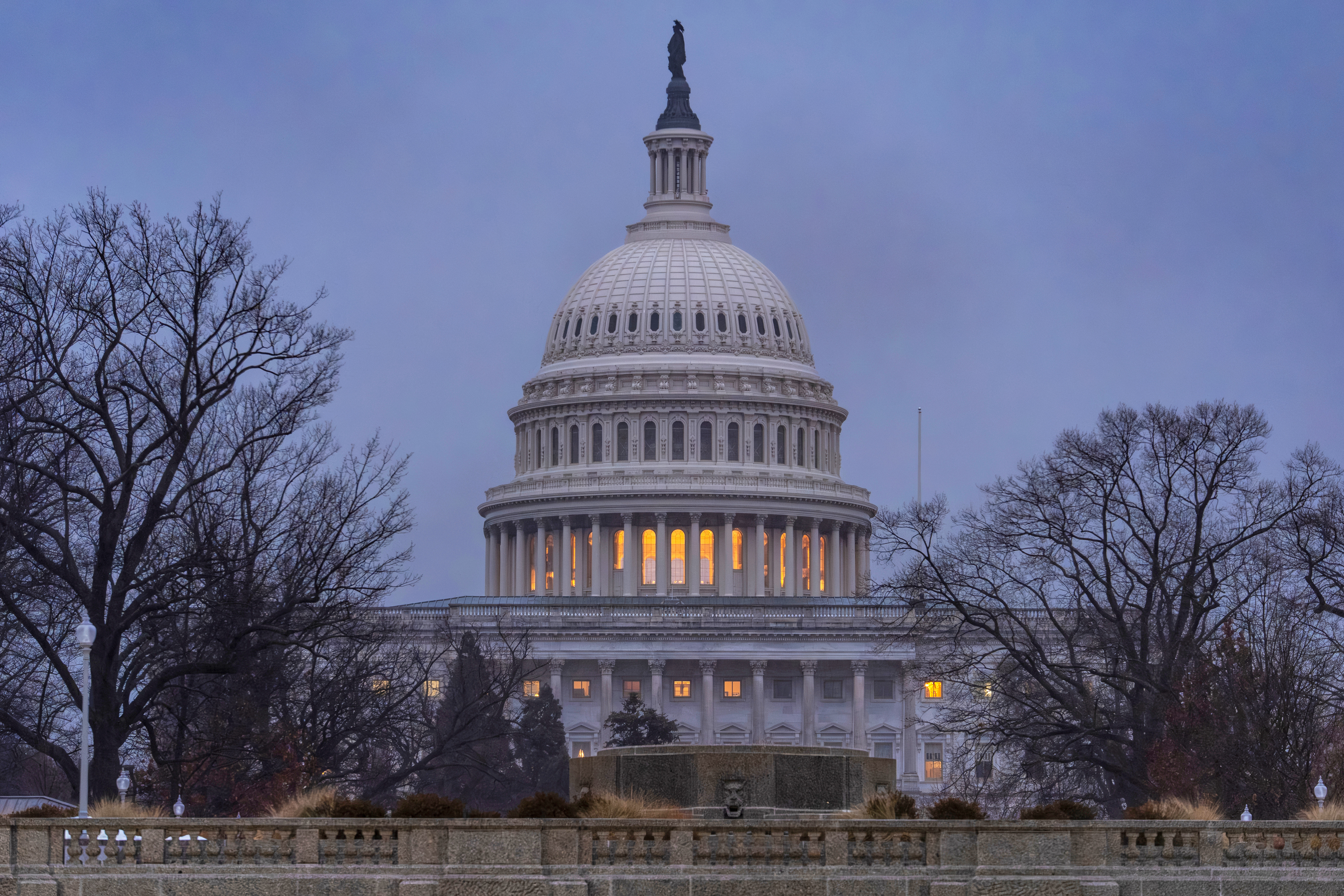 U.S. Capitol Building illuminated at dusk with bare winter trees and classical dome architecture