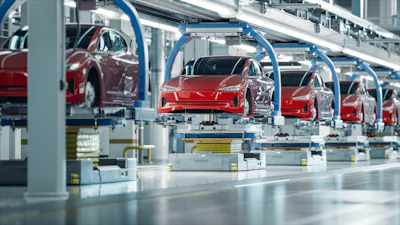 Red Tesla vehicles on automated assembly line in modern manufacturing facility with blue robotic equipment