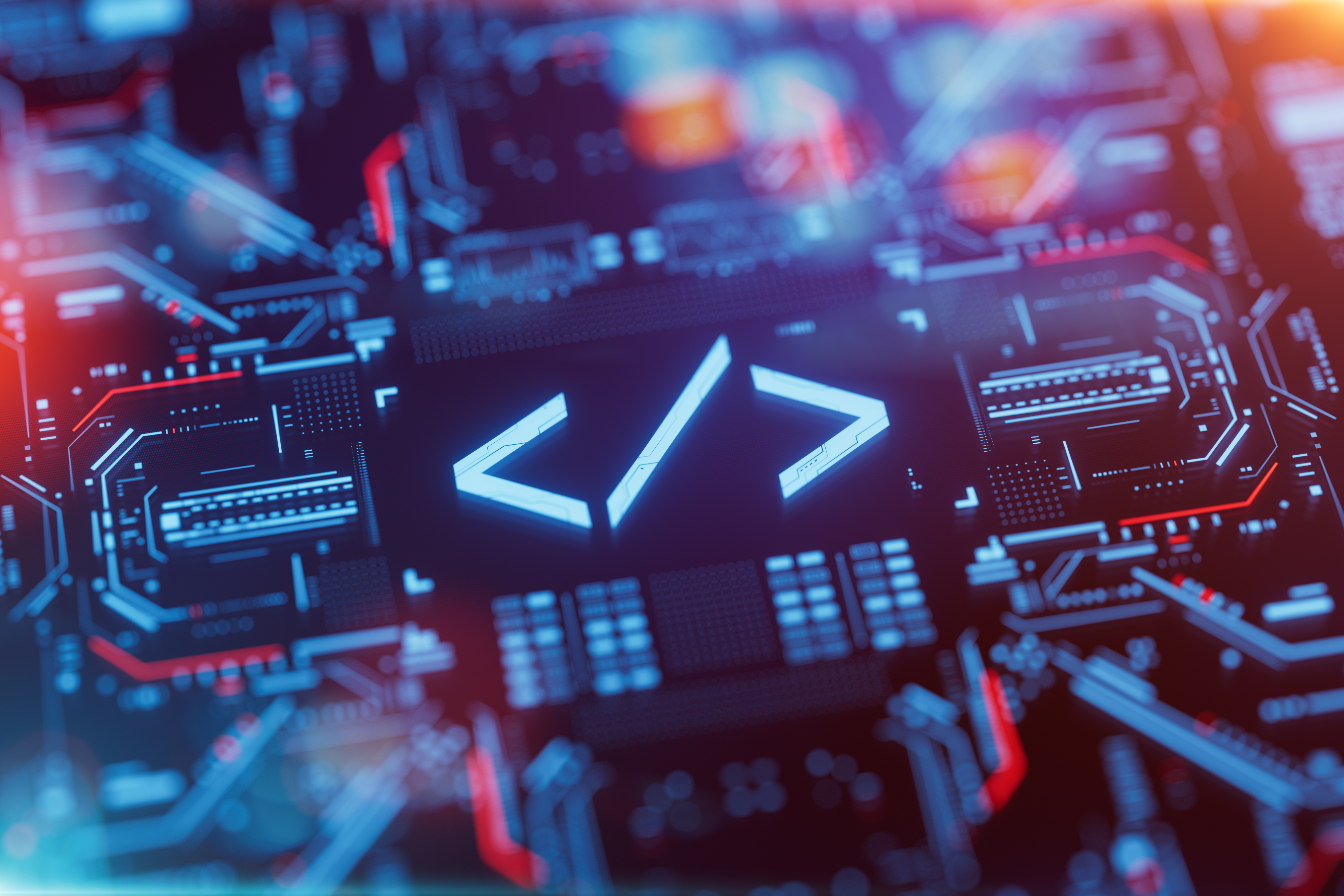 Glowing code symbol on futuristic digital circuit board with blue and red lighting