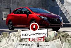 Red Nissan sedan with Opera logo and Today in Manufacturing Episode 258 promotional graphic featuring cash