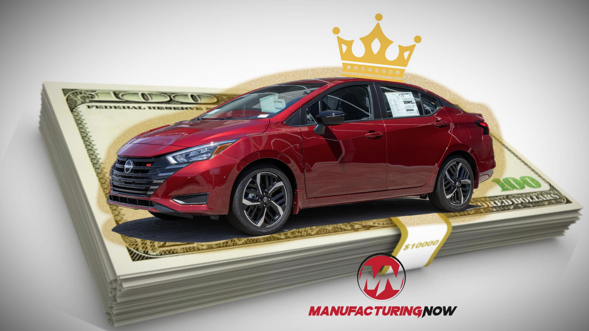 Red Nissan sedan on stacked money with gold crown, ManufacturingNow branding