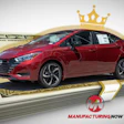 Red Nissan sedan on stacked money with gold crown, ManufacturingNow branding