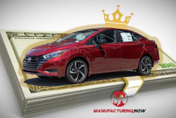 Red Nissan sedan on stacked money with gold crown, ManufacturingNow branding