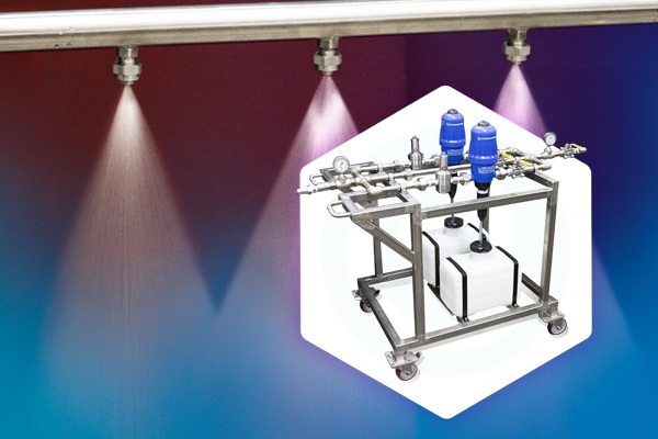 Industrial mobile cart with metal frame, white storage containers, and blue chemical bottles under stage lighting