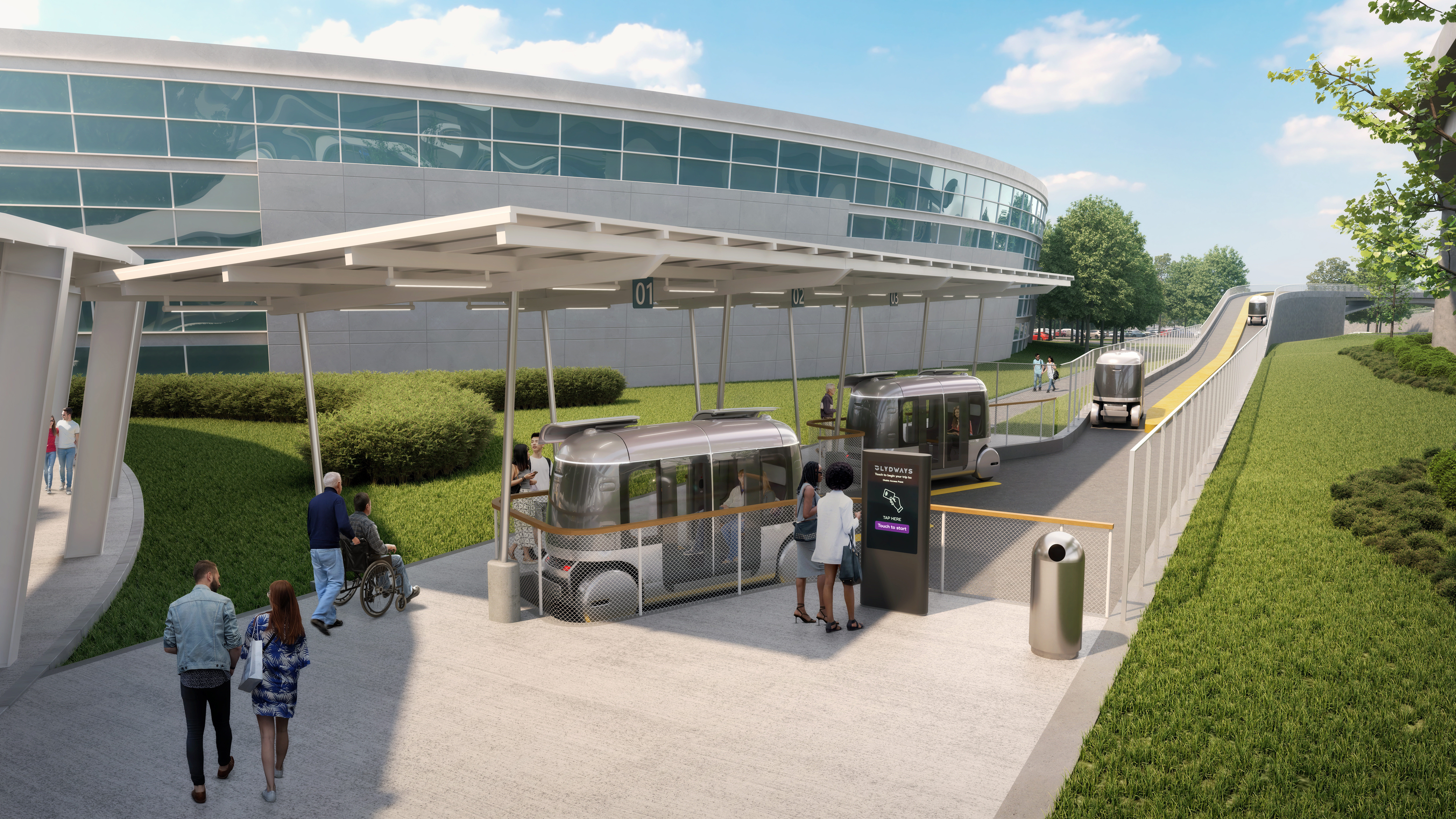 Modern transit station with buses, shelter, and accessible entrance near glass building