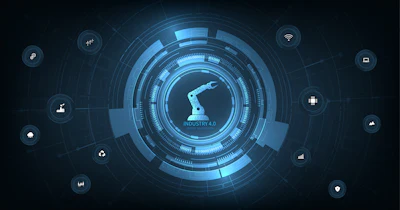 Industry 4.0 robotic technology logo with futuristic digital interface