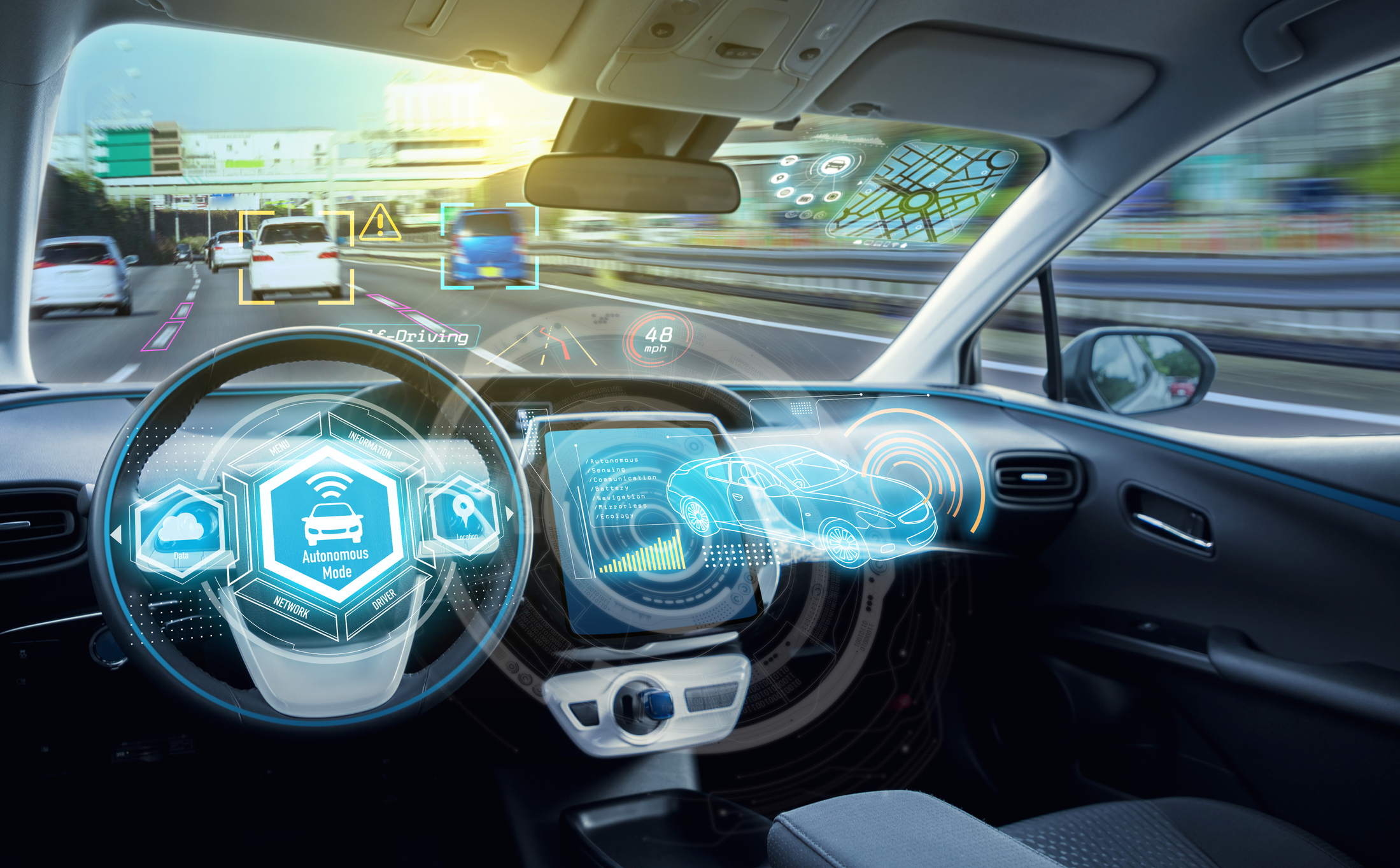 Futuristic car interior with augmented reality dashboard and windshield displays showing autonomous driving interface