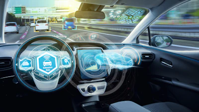Futuristic car interior with augmented reality dashboard and windshield displays showing autonomous driving interface