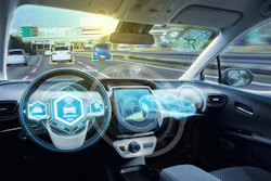 Futuristic car interior with augmented reality dashboard and windshield displays showing autonomous driving interface