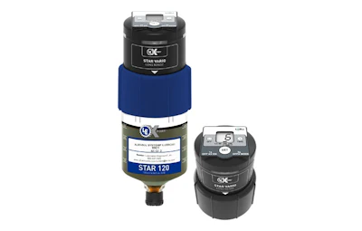 Three Star Vario industrial lubricant dispensers in blue, black, and silver