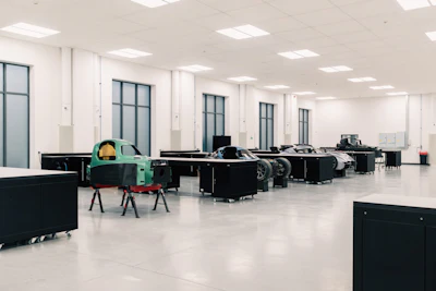 Modern automotive workshop with green and black vehicles on red stands, workbenches, and bright LED ceiling lights in a spacious industrial facility