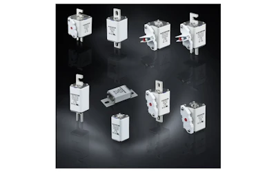 White industrial electrical components and circuit protection devices on dark background