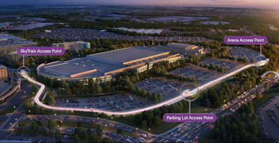 Aerial view of modern multi-building complex with SkyTrain, parking, and arena access points