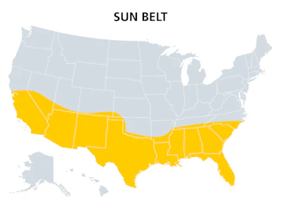 Map of the United States highlighting the Sun Belt region in yellow