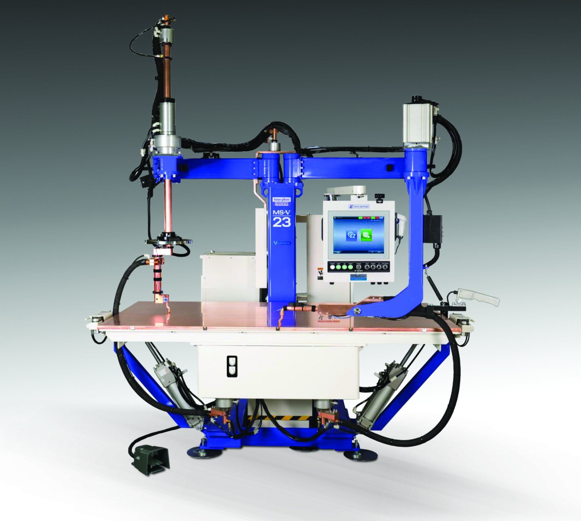 Industrial robotic welding machine with blue frame, control panel, and articulated arm for automated manufacturing