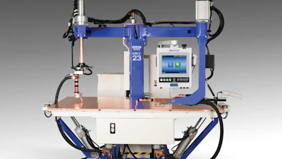 Industrial robotic welding machine with blue frame, control panel, and articulated arm for automated manufacturing