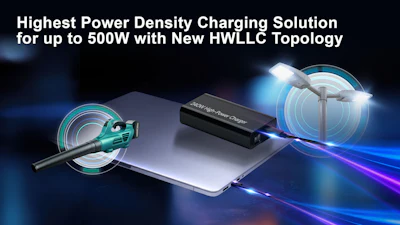 High-power 500W wireless charging solution with HWLLC topology showing charger, cable, and smartphone with glowing cyan and blue light effects