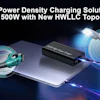 High-power 500W wireless charging solution with HWLLC topology showing charger, cable, and smartphone with glowing cyan and blue light effects
