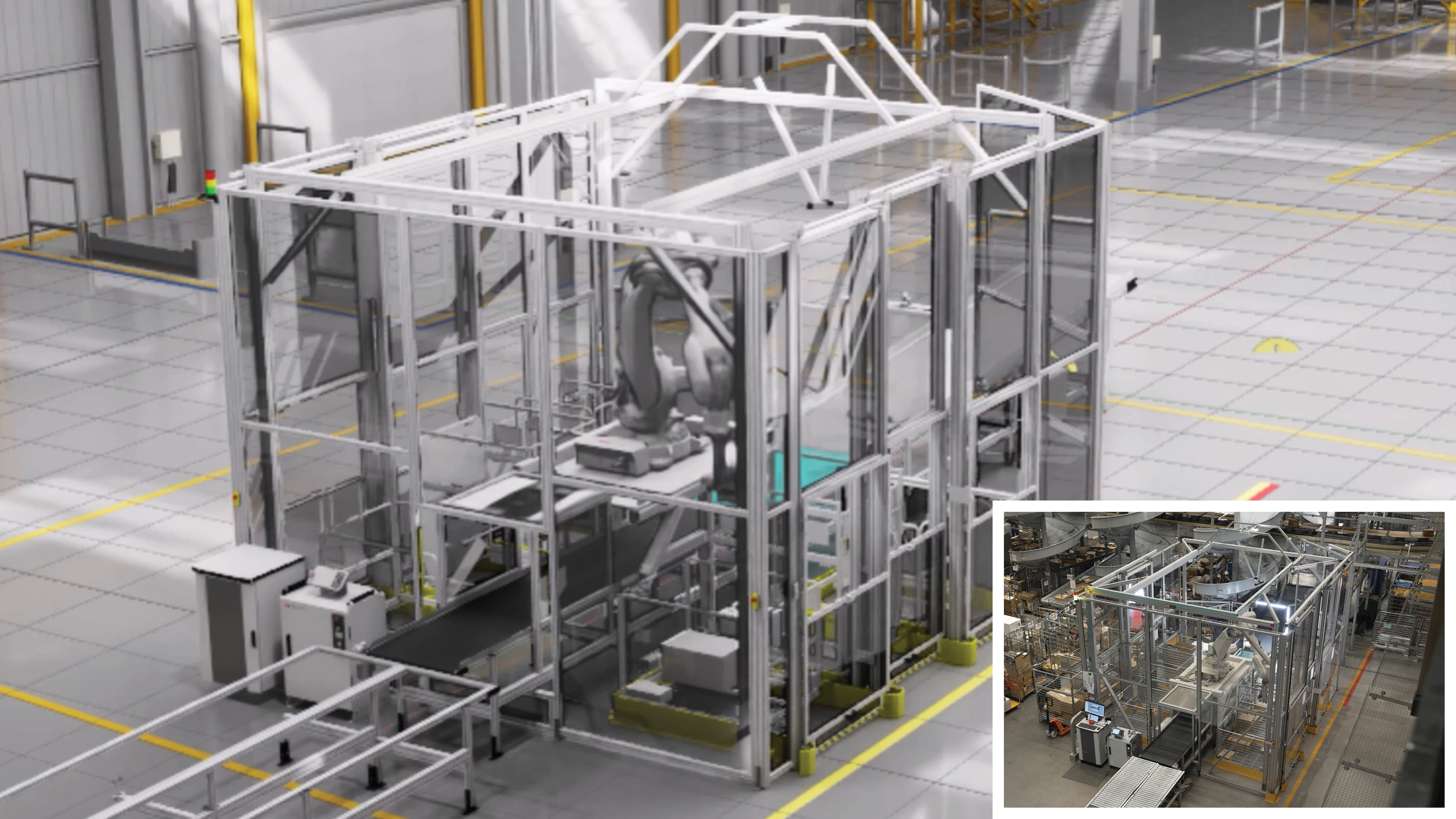 Industrial metal cage assembly structure in manufacturing facility with overhead framework and safety railings
