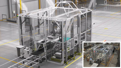 Industrial metal cage assembly structure in manufacturing facility with overhead framework and safety railings