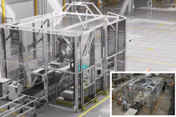 Industrial metal cage assembly structure in manufacturing facility with overhead framework and safety railings