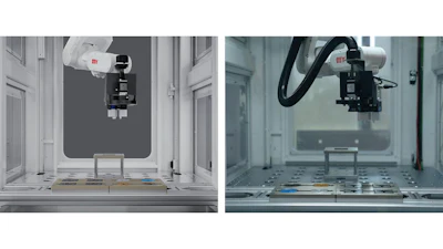 Industrial 3D printer or manufacturing equipment with dual robotic arms positioned above work surfaces in sterile laboratory environments