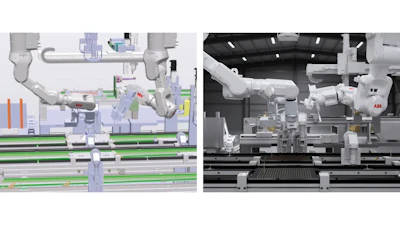 Industrial robotic arm systems: CAD model and photorealistic setup showing automated manufacturing equipment with conveyor systems