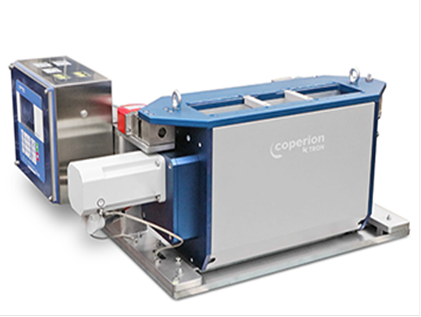Coperion industrial processing machine with blue frame and gray hopper component