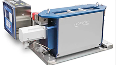 Coperion industrial processing machine with blue frame and gray hopper component