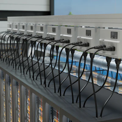Row of white industrial power distribution units with connected black cables and digital displays