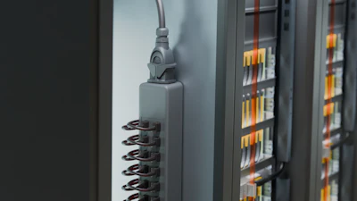 Power strip with coiled cable mounted inside industrial electrical panel with organized wiring