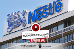 Nestlé corporate headquarters building with blue logo signage and Today in Manufacturing Episode 260 overlay