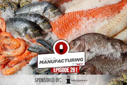 Today in Manufacturing Episode 261 logo overlay on fresh seafood display with fish, shrimp, and salmon fillets on ice
