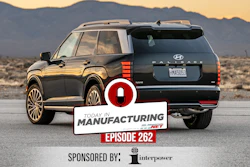 Black Hyundai Palisade SUV in desert landscape with 'Out of Manufacturing Episode 262' overlay, sponsored by Interpower