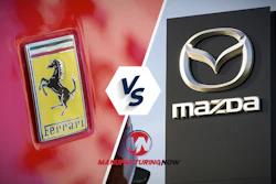 Ferrari and Mazda logos compared side-by-side in a versus graphic with Manufacturing Now branding