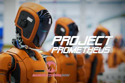 Orange and black humanoid robots in manufacturing facility with Project Prometheus text overlay