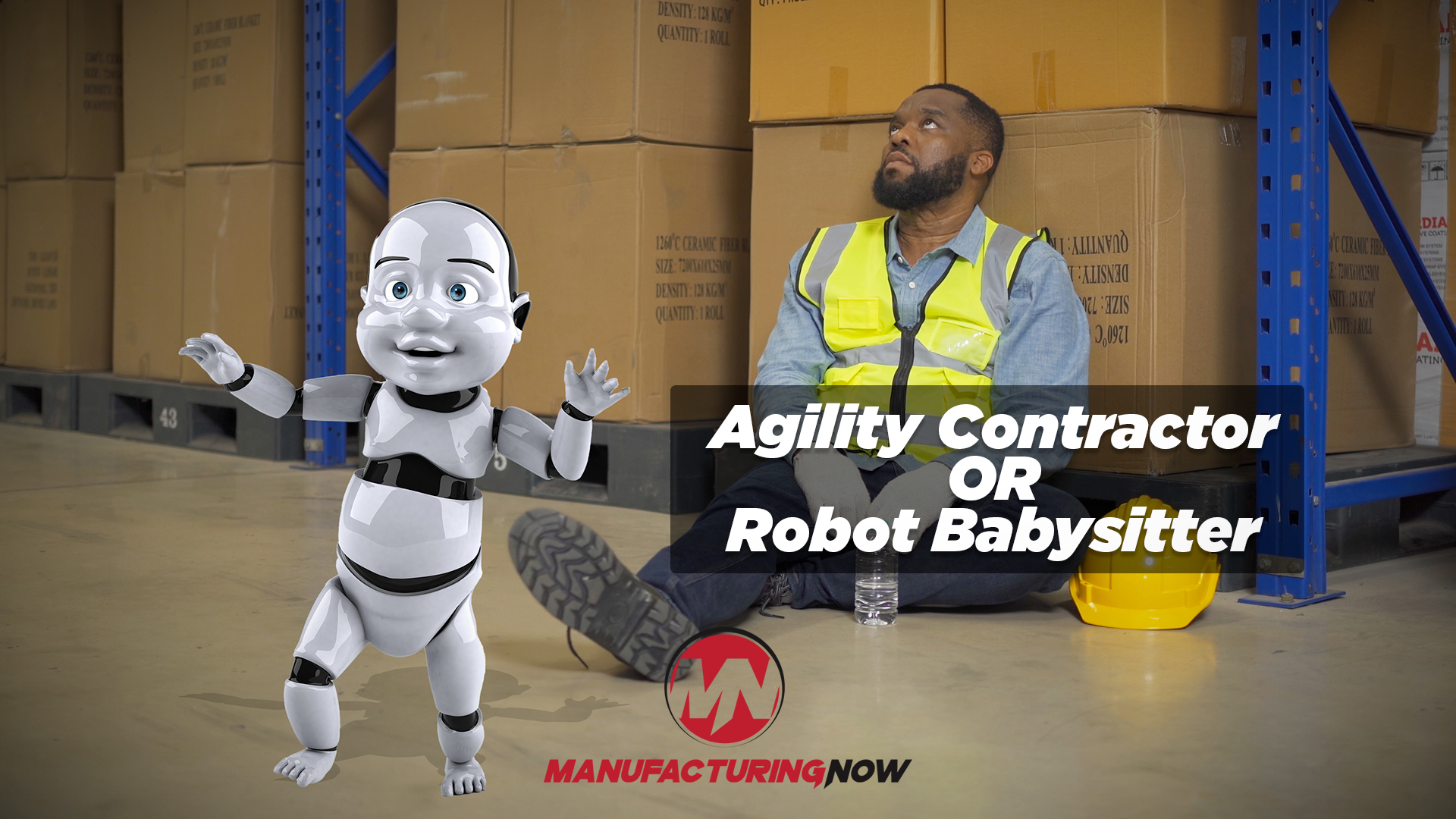 Animated robot and warehouse worker in yellow safety vest standing in warehouse with stacked boxes, promoting agility contractor or robot babysitter services