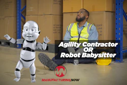 Animated robot and warehouse worker in yellow safety vest standing in warehouse with stacked boxes, promoting agility contractor or robot babysitter services