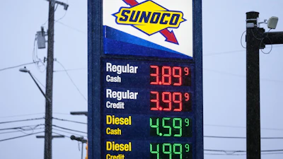 Sunoco gas station price sign displaying regular and diesel fuel prices in cash and credit options