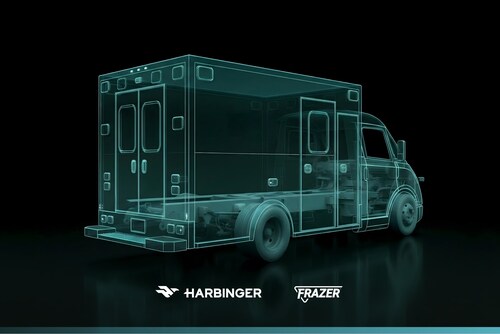 Teal wireframe ambulance vehicle illustration with Harbinger and Frazer branding on dark background