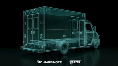 Teal wireframe ambulance vehicle illustration with Harbinger and Frazer branding on dark background