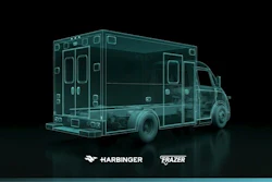 Teal wireframe ambulance vehicle illustration with Harbinger and Frazer branding on dark background