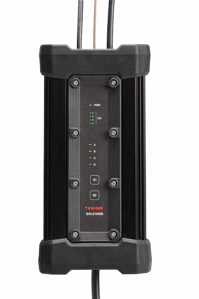 KVASER industrial interface device with LED indicators, control buttons B1 and B2, and three-wire connection