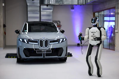 Humanoid robot standing beside BMW iX electric vehicle in modern showroom with purple ambient lighting