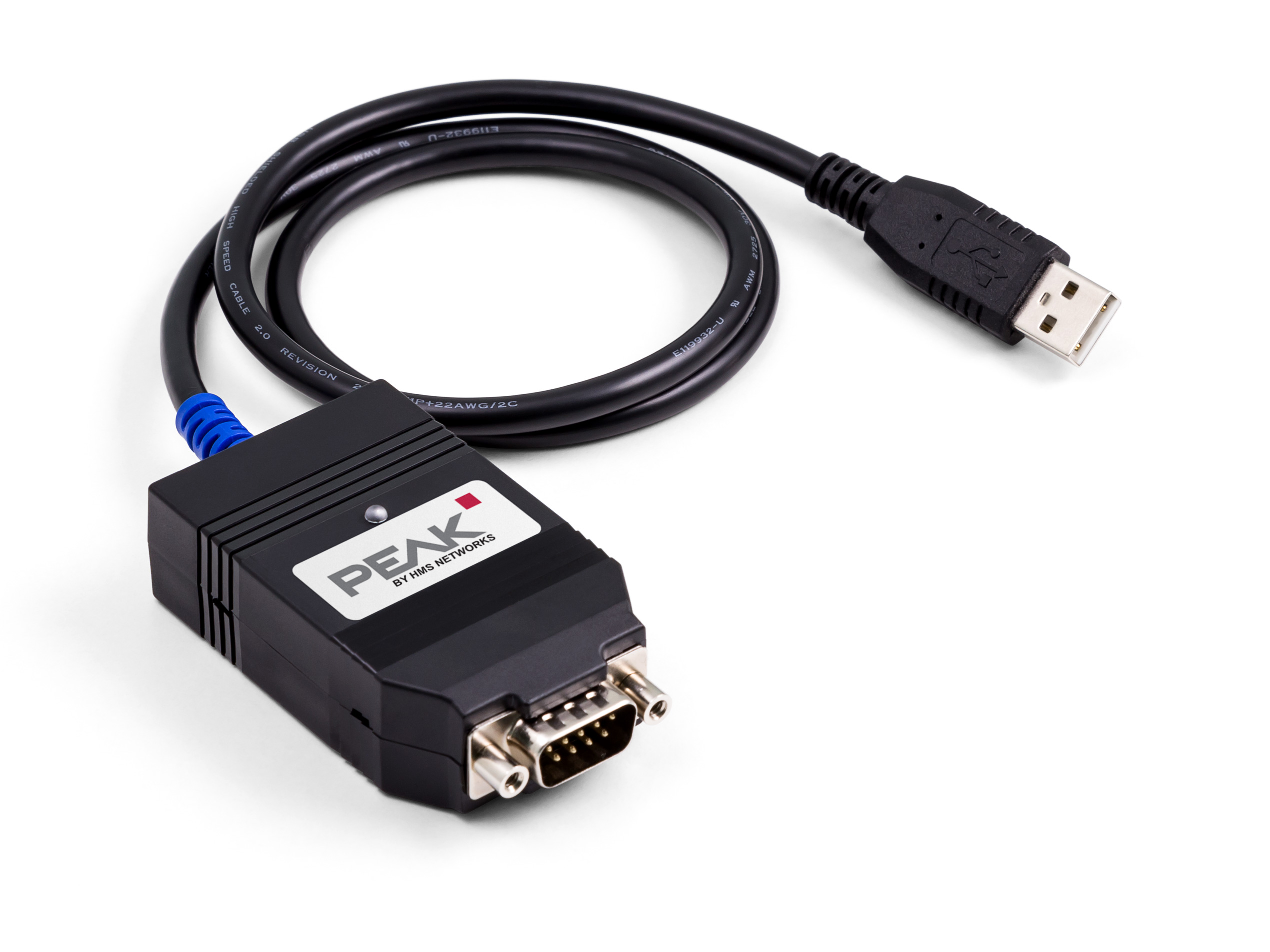 PEAK USB to serial adapter cable with black connector and blue strain relief