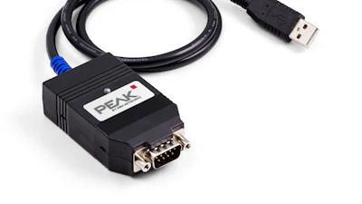 PEAK USB to serial adapter cable with black connector and blue strain relief