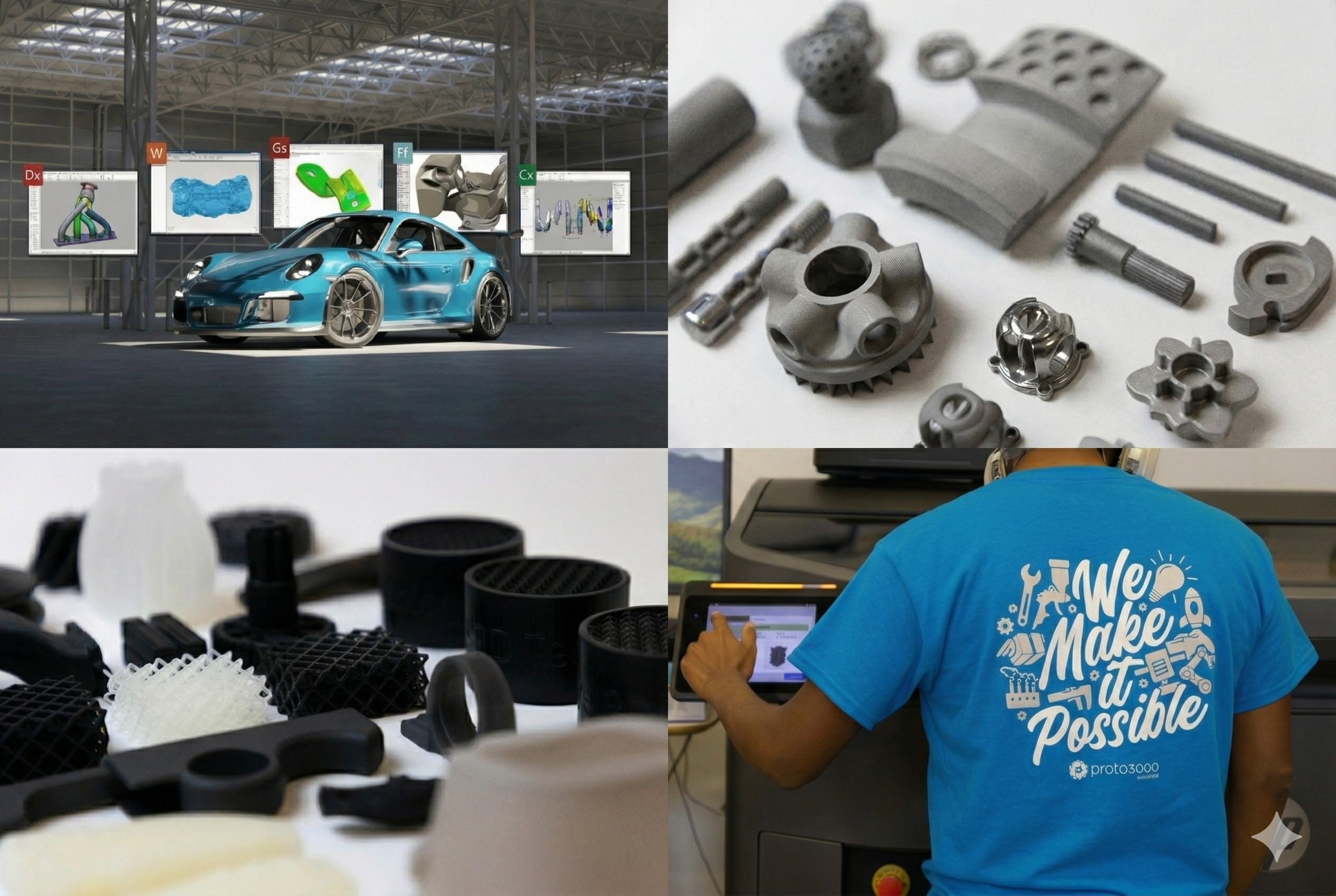 Manufacturing and design showcase featuring blue sports car, precision metal parts, 3D-printed components, and team member in branded apparel