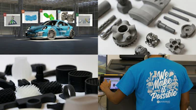 Manufacturing and design showcase featuring blue sports car, precision metal parts, 3D-printed components, and team member in branded apparel