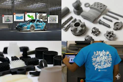 Manufacturing and design showcase featuring blue sports car, precision metal parts, 3D-printed components, and team member in branded apparel