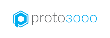Proto3000 logo featuring blue hexagon icon with gray text wordmark